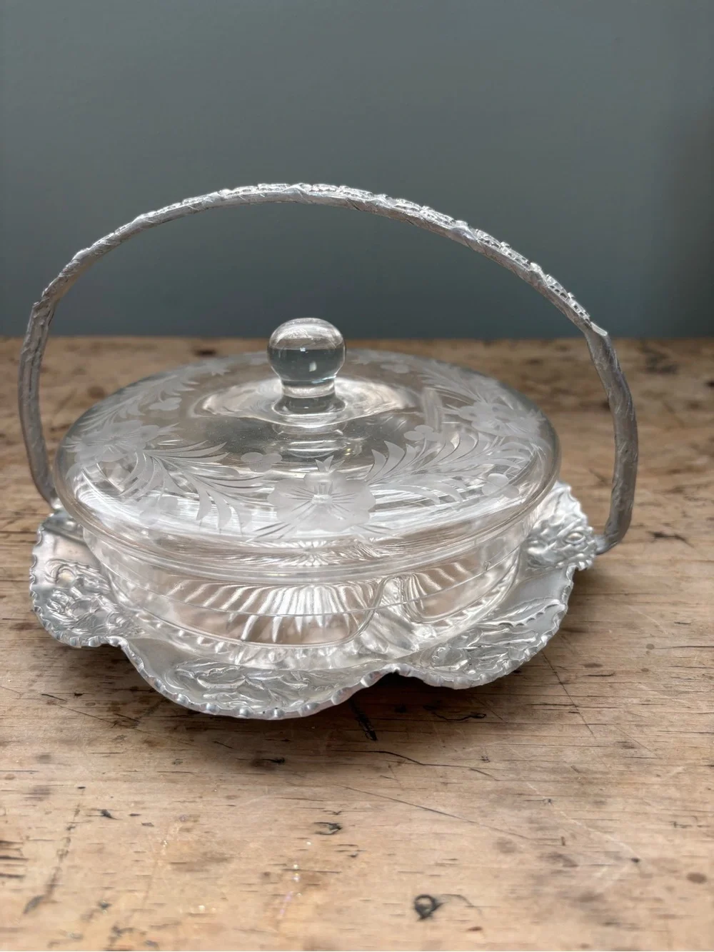 Vintage Hand Wrought Aluminum Handled Basket w/ Clear Etched Glass Covered Dish